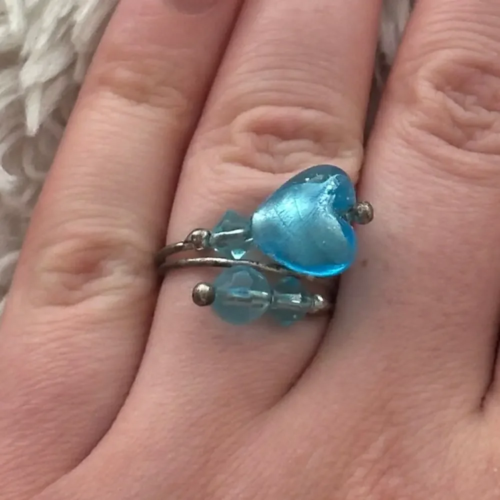 Silver Blue Beaded Ring Fashion Jewelry Iridescent Artisan Made